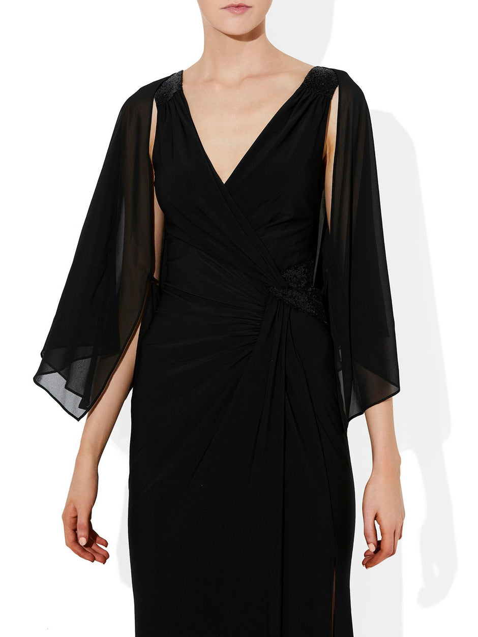 FAUX-WRAP CHIFFON DRESS WITH BLACK Sash Chocolate main image 1